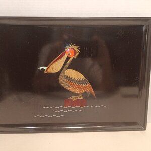 MCM COUROC of MONTERREY CA Enamel Tray Inlaid Pelican Mixed Media 18"x12.5"